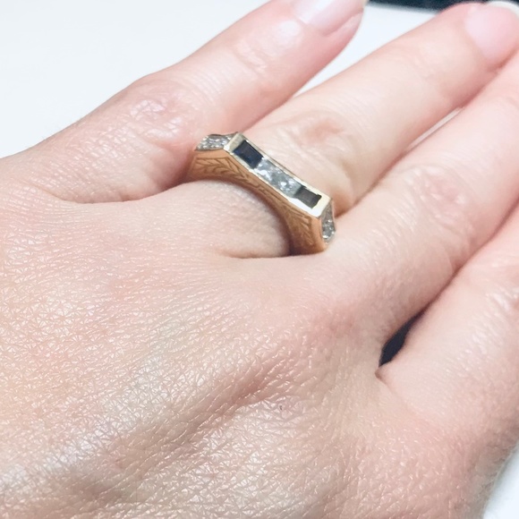 Solid 14K Yellow Gold Diamond & Sapphire Ring - Picture 12 of 16